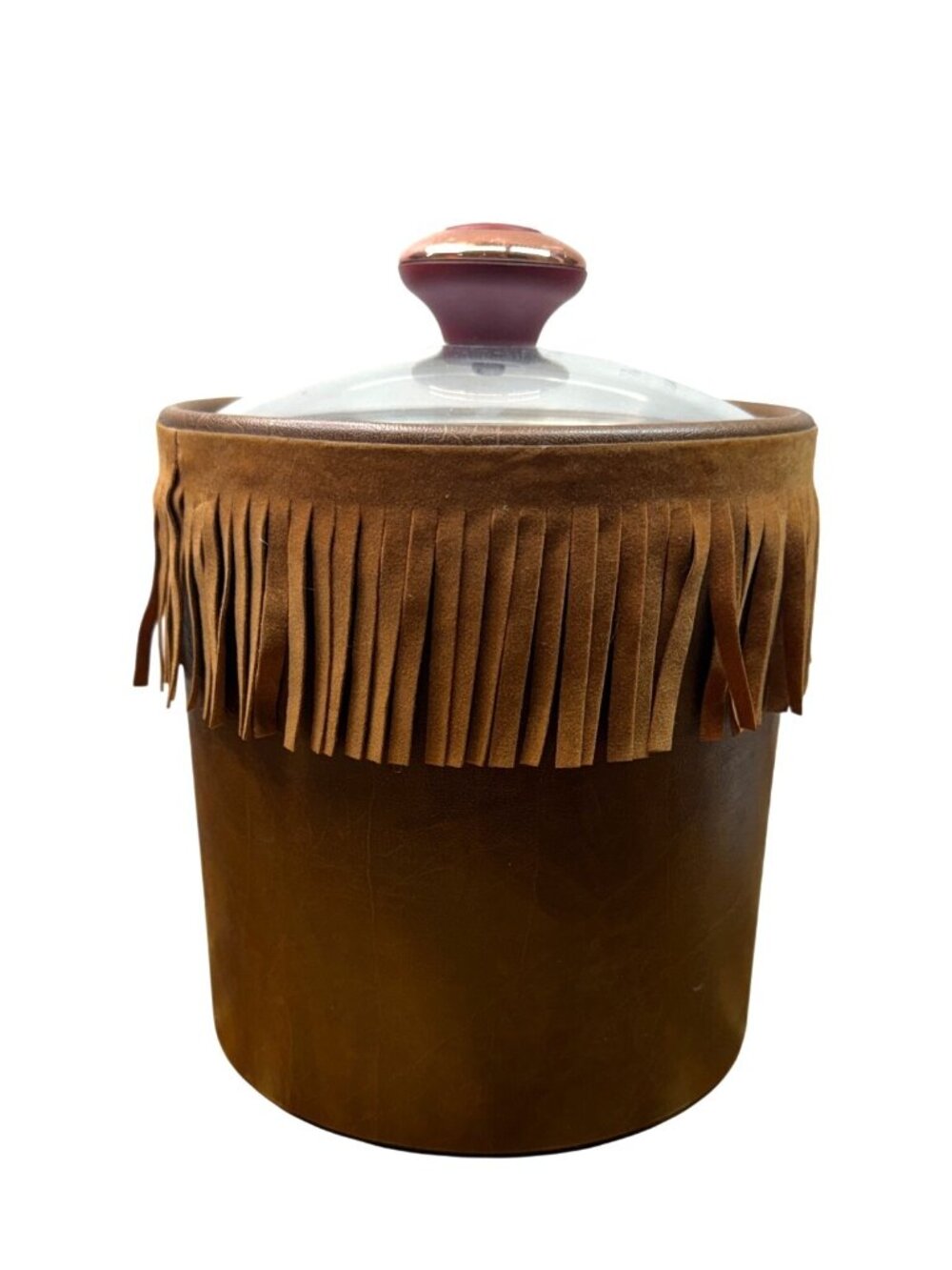 RARE!!  Vintage Western-Style Faux Leather Ice Bucket with Suede Fringe - Picture 8 of 14